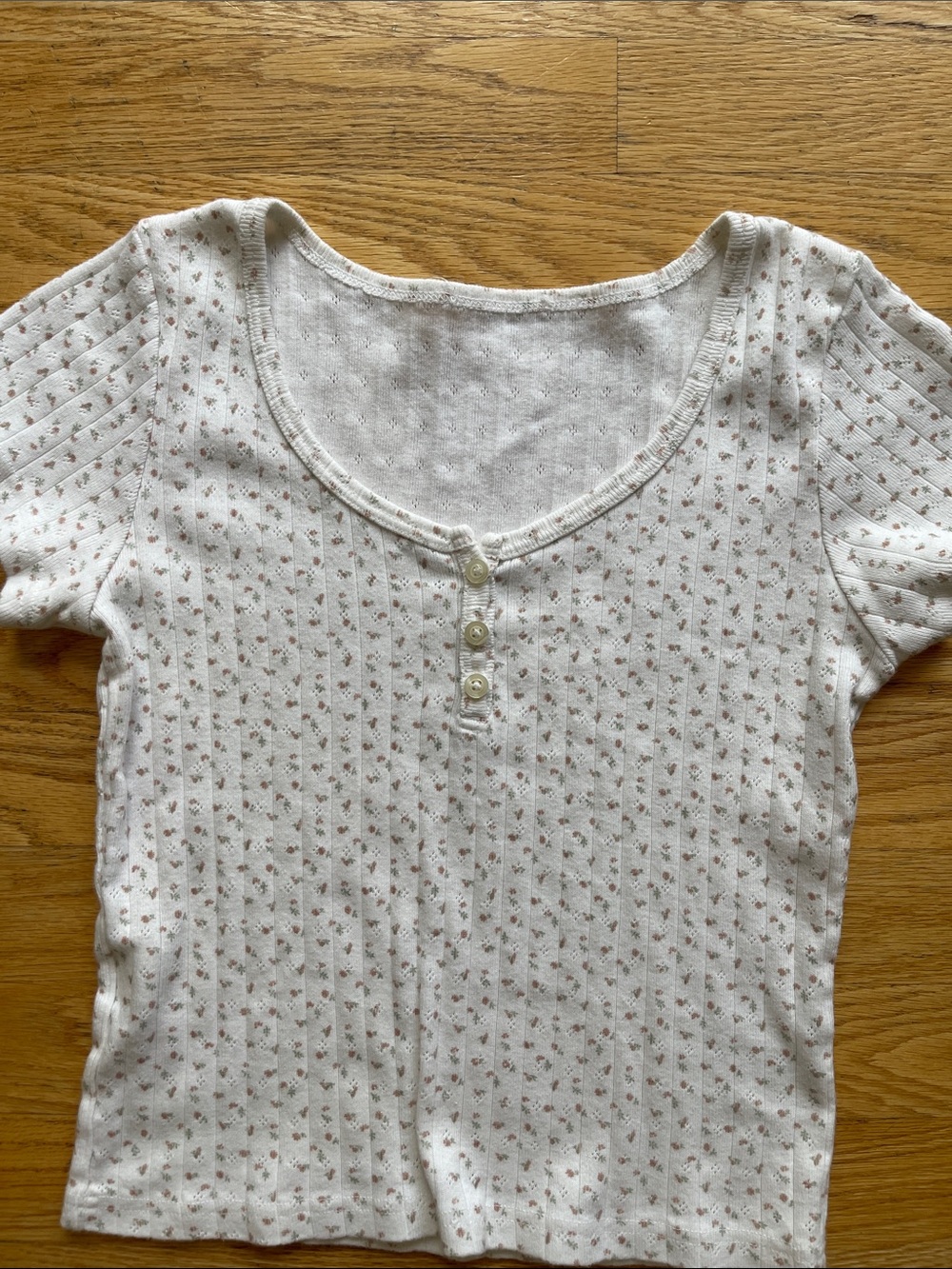 Brandy Melville - Girls' White Floral Ribbed Henley Tee
